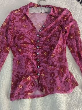 Source Unknown Pink Floral Ruched Button-Up Blouse